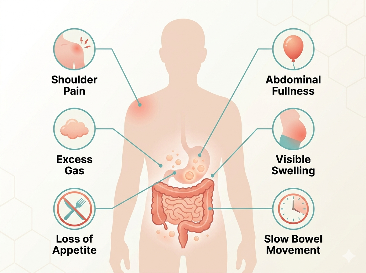 Medical professional in a white coat points to a cross‑section model of the human stomach using a blue pointer, on a stand beside a clipboard.