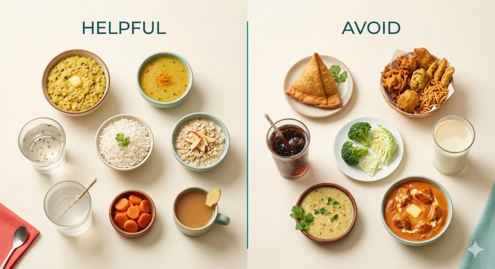 Healthy meals on the left labeled Helpful, junk foods on the right labeled Avoid.