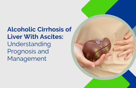 Banner slide title: 'Alcoholic Cirrhosis of Liver With Ascites: Understanding Prognosis and Management' with a circular photo of a liver model held in hands, on a gray background with green and blue geometric shapes.