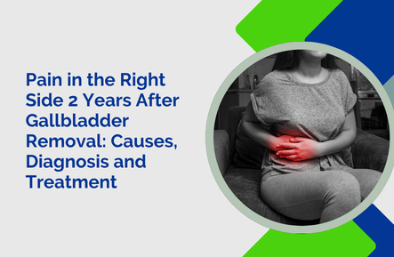 Person clutching their lower abdomen in a grayscale photo, paired with a title about right‑side pain 2 years after gallbladder removal.