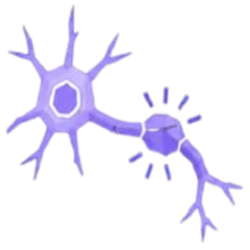 Two purple neurons connected at a synapse: a large left neuron with a star-shaped dendritic arbor and a smaller right neuron linked by a thin connector.